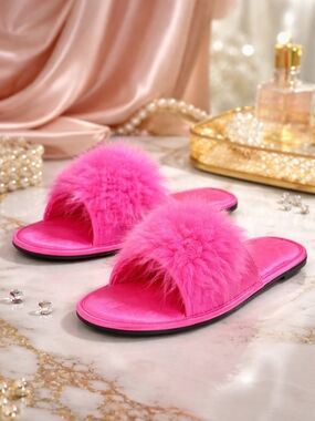 I.N.C   Carena Pink Feather Pom Satin Slippers